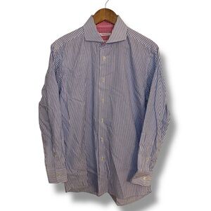 Isaac Mizrahi Blue & White Bengal Stripe Spread Collar Dress Shirt Sz 16 32/33